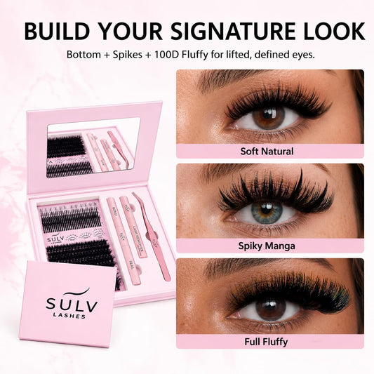 SULV Manga Lash Clusters Kit with Spikes and Bottom Lashes,100D Fluffy Cluster Eyelash Extensions Kit with Lash Bond and Seal, Remover and Tweezers, Beginner-Friendly False Eyelashes Kit.