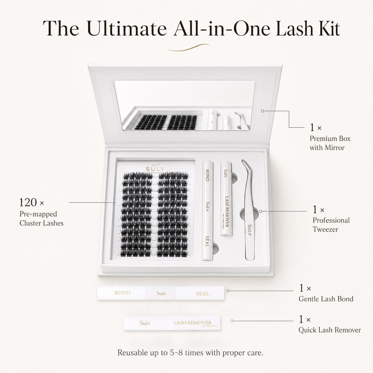 SULV Wispy Lash Clusters Kit,120Pcs Manga Eyelash Clusters(8-12mm CC Curl),Featuring Preglued Lash Clusters with Bond,Seal and Tweezers,Salon Quality Beginner Friendly DIY Lash Extension Kit At Home.