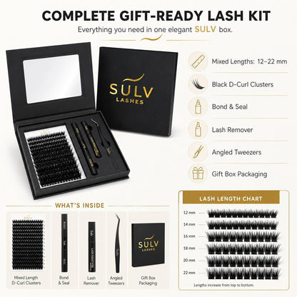 SULV Fluffy Lash Clusters Kit 180PCS 300D Mega Volume DIY Lash Extension Set with Bond and Seal Remover Tweezers D Curl 12-22mm Individual Eyelash Extensions Dramatic Full Look Eyelash