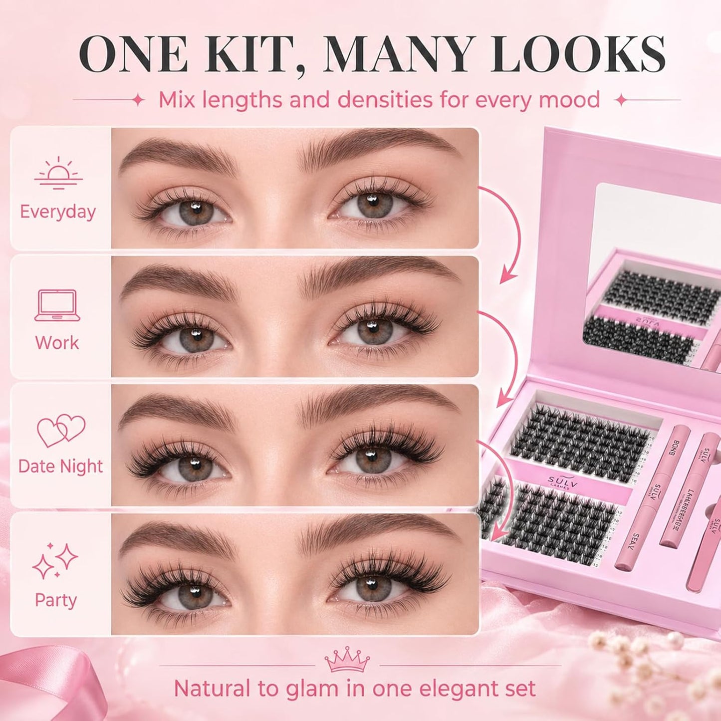 SULV Lash Clusters Kit Wispy Eyelash Clusters Lashes Natural DIY Lash Extension Kit at Home,C/D/LC/LD Curl Individual Lashes 10-18mm Fluffy Cluster Eyelash Extensions with Bond,Seal and Tweezers.