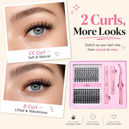 SULV Lash Clusters Kit Wispy Eyelash Clusters Lashes Natural DIY Lash Extension Kit at Home,C/D/LC/LD Curl Individual Lashes 10-18mm Fluffy Cluster Eyelash Extensions with Bond,Seal and Tweezers.
