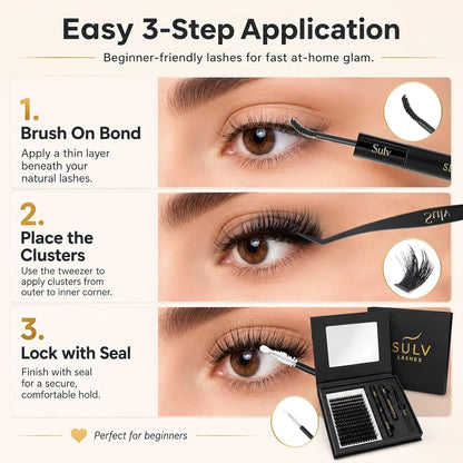 SULV Fluffy Lash Clusters Kit 180PCS 300D Mega Volume DIY Lash Extension Set with Bond and Seal Remover Tweezers D Curl 12-22mm Individual Eyelash Extensions Dramatic Full Look Eyelash