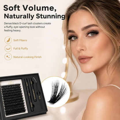 SULV Fluffy Lash Clusters Kit 180PCS 300D Mega Volume DIY Lash Extension Set with Bond and Seal Remover Tweezers D Curl 12-22mm Individual Eyelash Extensions Dramatic Full Look Eyelash