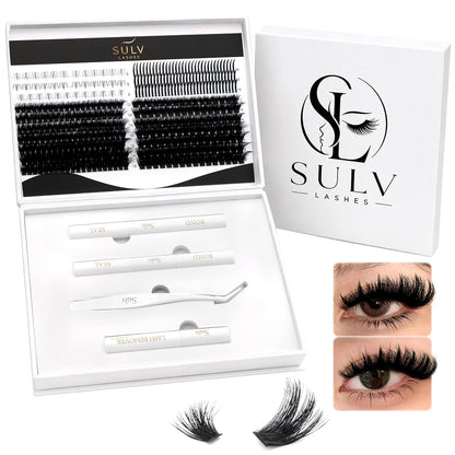 SULV Lash Clusters with Spikes and Bottom Lashes,100D+300D Fluffy Volume Manga Eyelash Extensions Kit with Lash Bond and Seal, Remover and Tweezer, Mixed Length Multi-Types Individual Lashes DIY Pack.