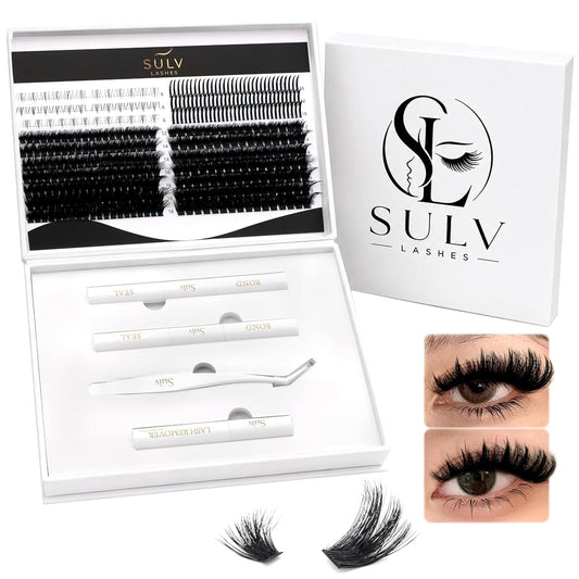 SULV Lash Clusters with Spikes and Bottom Lashes,100D+300D Fluffy Volume Manga Eyelash Extensions Kit with Lash Bond and Seal, Remover and Tweezer, Mixed Length Multi-Types Individual Lashes DIY Pack.