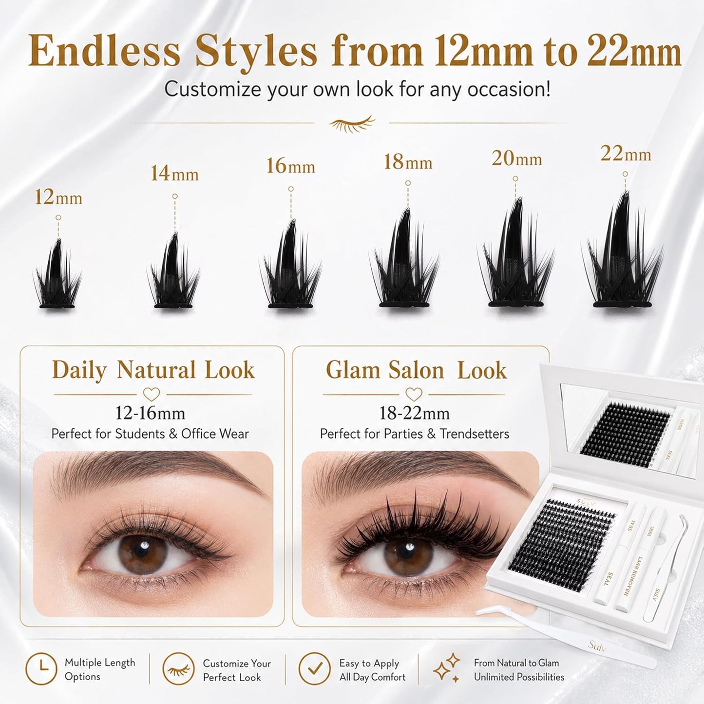 SULV Manga Lash Clusters Kit, 228PCS Spiky Wispy Eyelash Clusters with Bond and Seal, C/D/LC/LD Curl 12-22mm Anime Cosplay Individual Volume Lash Extension Kit.