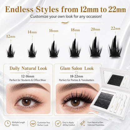 SULV Manga Lash Clusters Kit, 228PCS Spiky Wispy Eyelash Clusters with Bond and Seal, C/D/LC/LD Curl 12-22mm Anime Cosplay Individual Volume Lash Extension Kit.