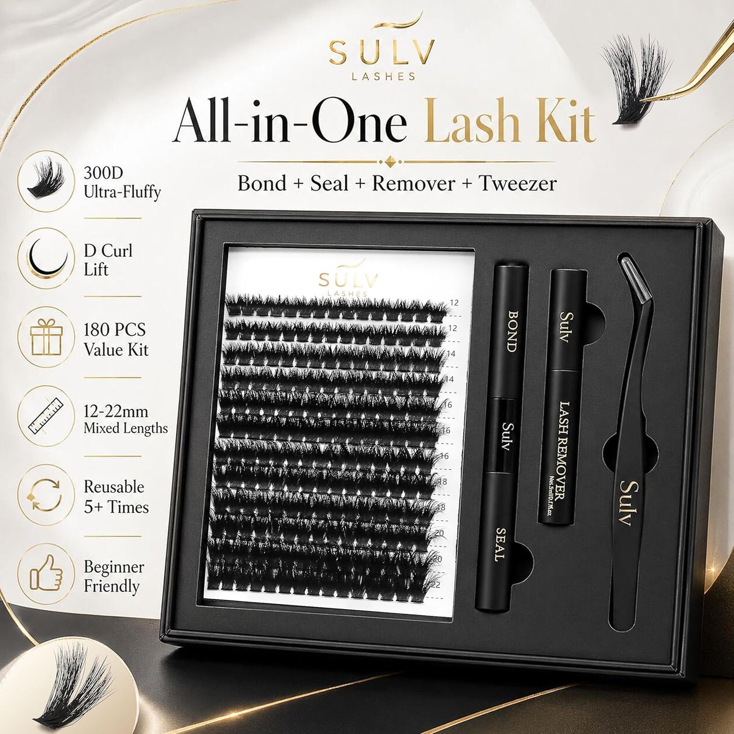 SULV Fluffy Lash Clusters Kit 180PCS 300D Mega Volume DIY Lash Extension Set with Bond and Seal Remover Tweezers D Curl 12-22mm Individual Eyelash Extensions Dramatic Full Look Eyelash
