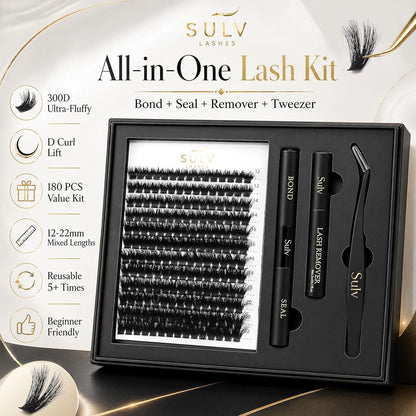 SULV Fluffy Lash Clusters Kit 180PCS 300D Mega Volume DIY Lash Extension Set with Bond and Seal Remover Tweezers D Curl 12-22mm Individual Eyelash Extensions Dramatic Full Look Eyelash
