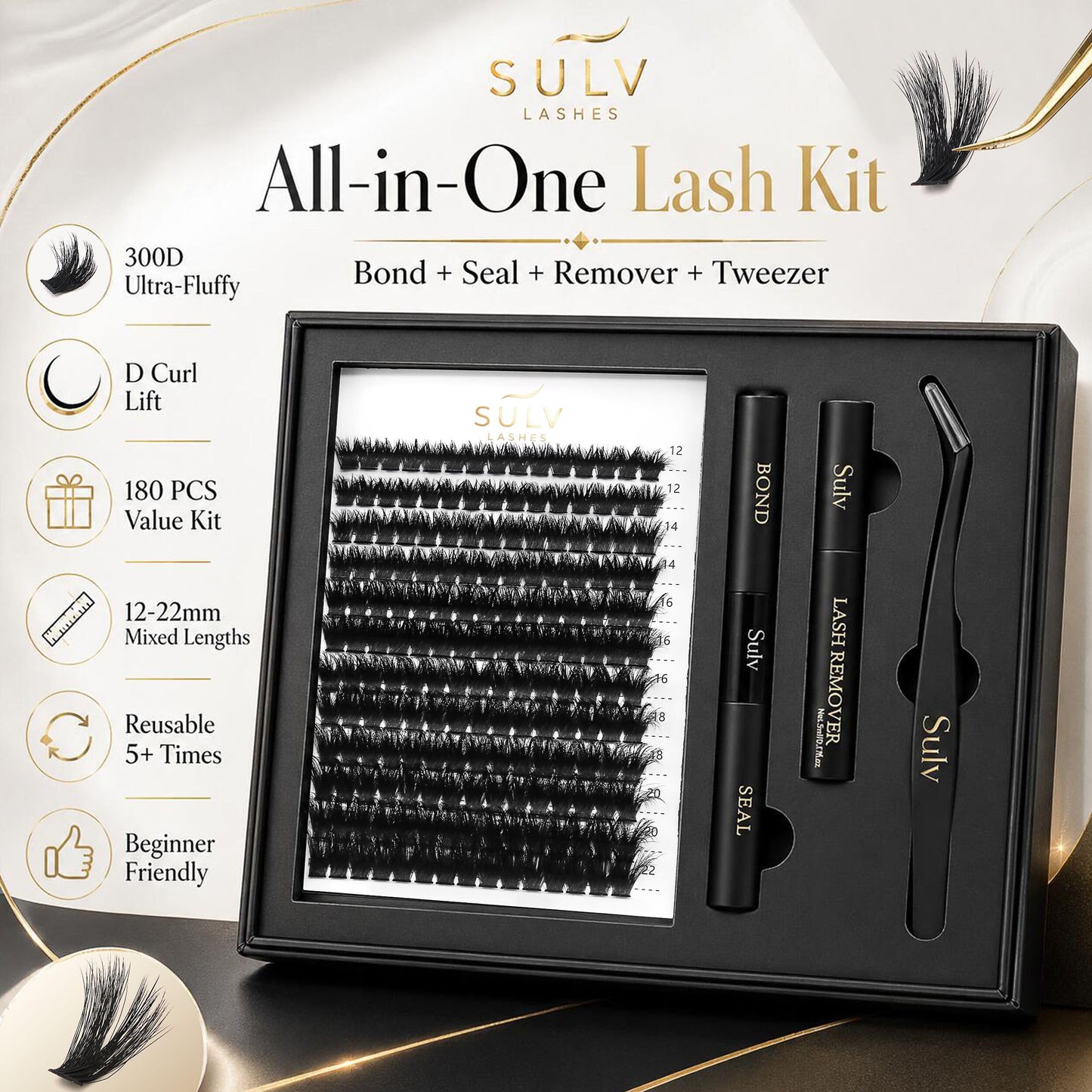 SULV Fluffy Lash Clusters Kit 180PCS 300D Mega Volume DIY Lash Extension Set with Bond and Seal Remover Tweezers C/D/LC/LD Curl 12-22mm Individual Eyelash Extensions Dramatic Full Look Eyelash