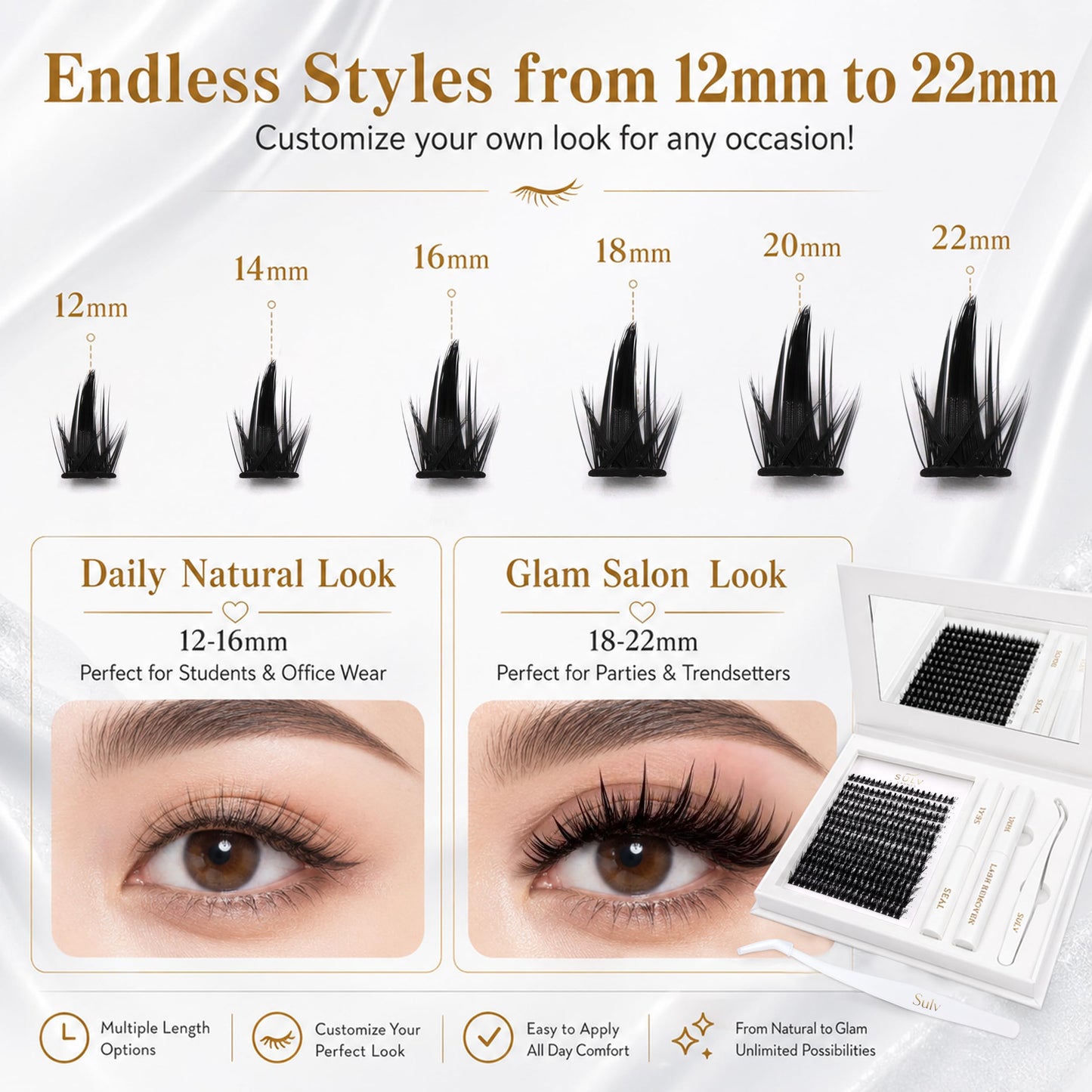 SULV Manga Lash Clusters Kit, 228PCS Spiky Wispy Eyelash Clusters with Bond and Seal, C/D/LC/LD Curl 12-22mm Anime Cosplay Individual Volume Lash Extension Kit.