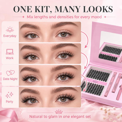 SULV Lash Clusters Kit 161PCS, Wispy Natural Eyelash Clusters C/D/LC/LD Curl, Reusable DIY Lash Extension Set with Bond Seal Remover and Tweezers for Beginners