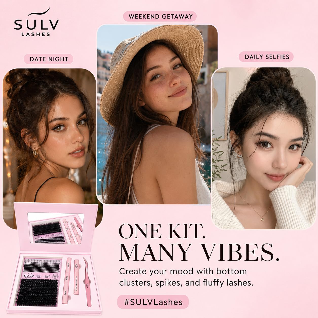 SULV Wispy Lash Clusters with Spikes and Bottom Lashes,100D Fluffy Cluster Eyelash Extensions Kit with Lash Bond and Seal, Remover and Tweezers,Manga