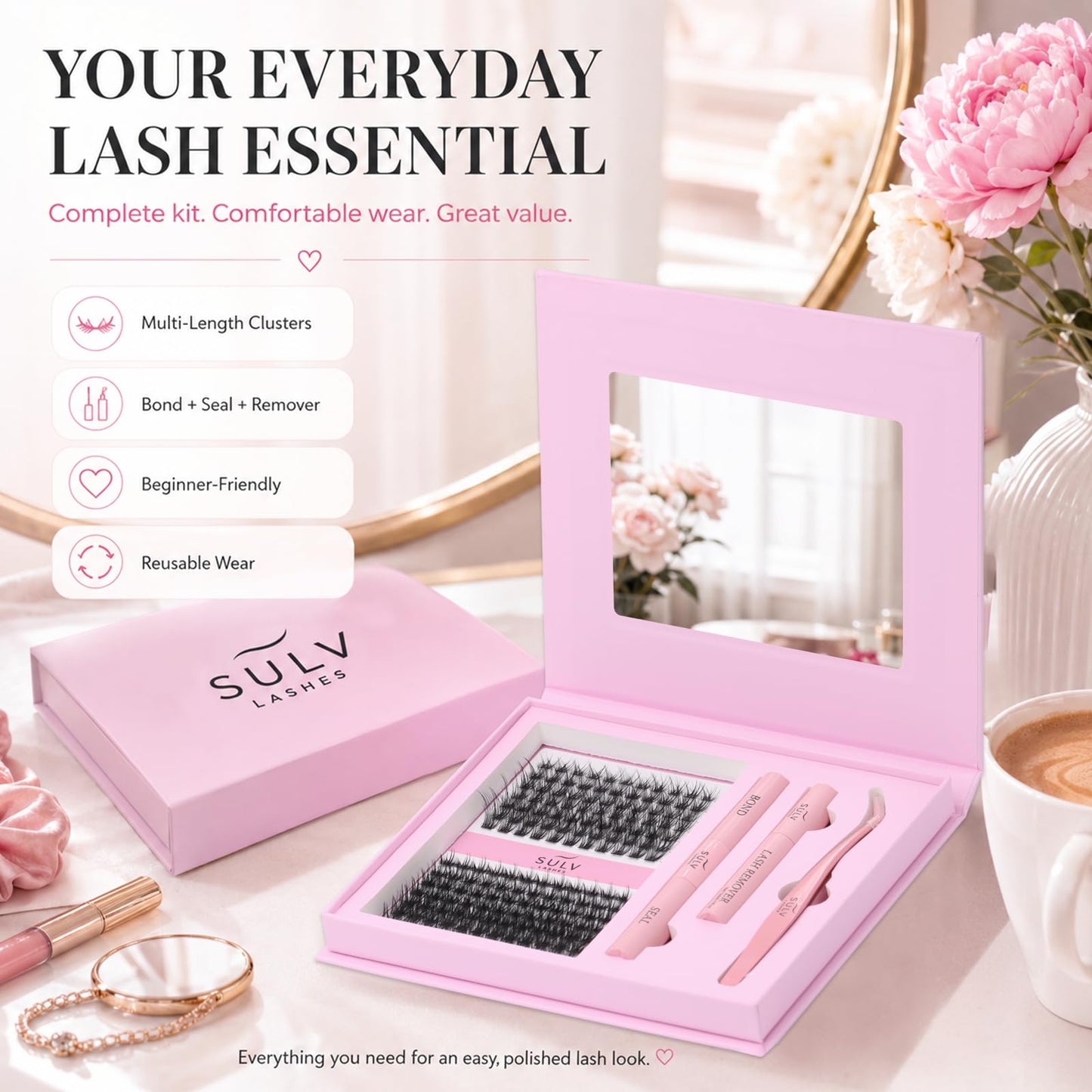 SULV Lash Clusters Kit 161PCS, Wispy Natural Eyelash Clusters C/D/LC/LD Curl, Reusable DIY Lash Extension Set with Bond Seal Remover and Tweezers for Beginners