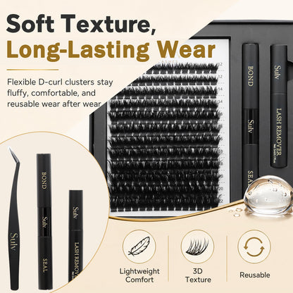 SULV Fluffy Lash Clusters Kit 180PCS 300D Mega Volume DIY Lash Extension Set with Bond and Seal Remover Tweezers C/D/LC/LD Curl 12-22mm Individual Eyelash Extensions Dramatic Full Look Eyelash