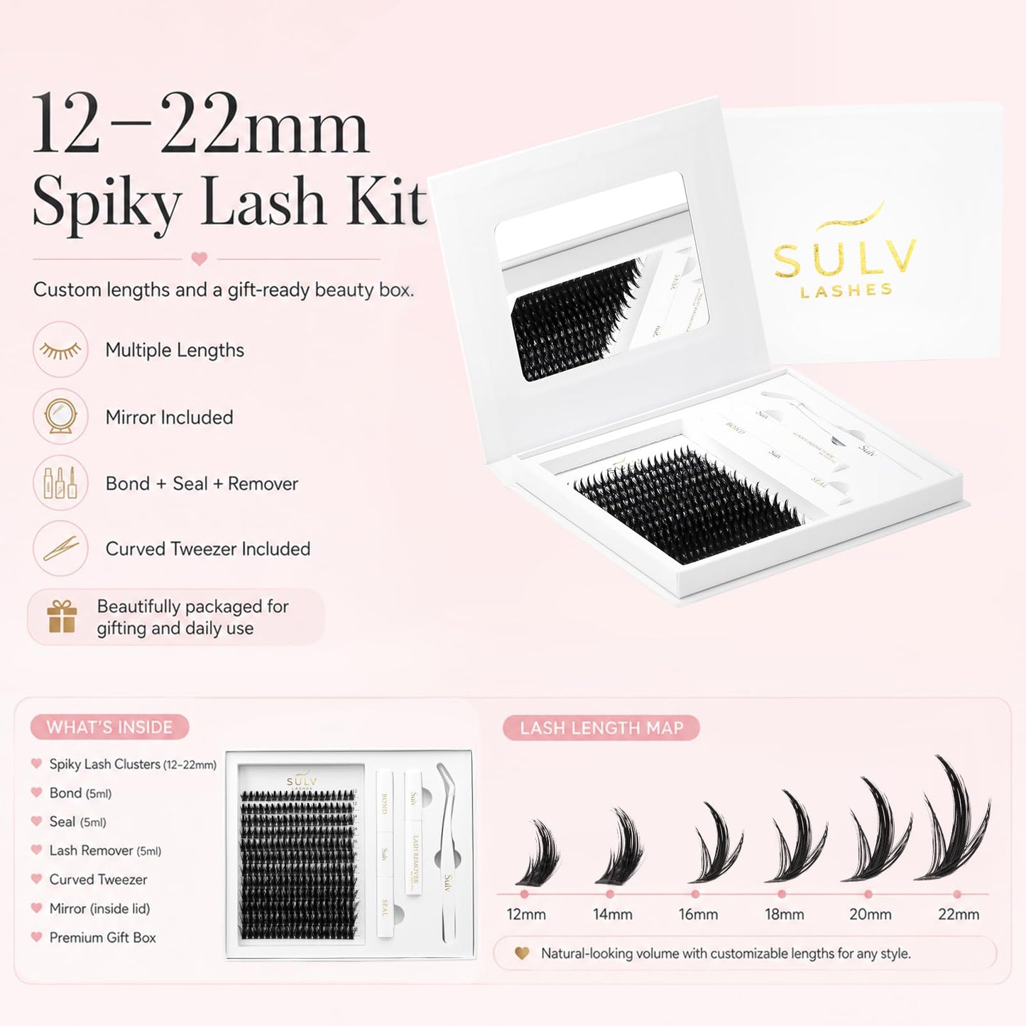 SULV Manga Lash Clusters Kit, 228PCS Spiky Wispy Eyelash Clusters with Bond and Seal, C/D/LC/LD Curl 12-22mm Anime Cosplay Individual Volume Lash Extension Kit.