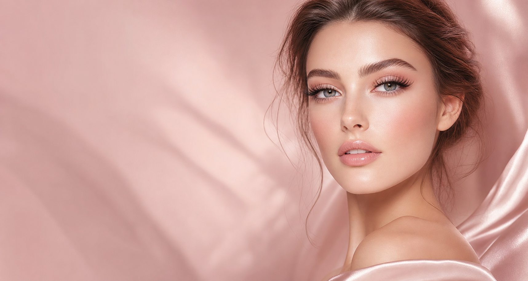 Model wearing luxury false eyelashes with soft pink beauty lighting